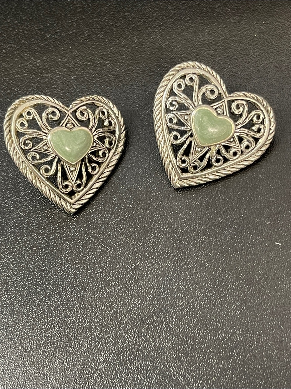 Sterling-Style Heart Filigree Earrings with Green Center